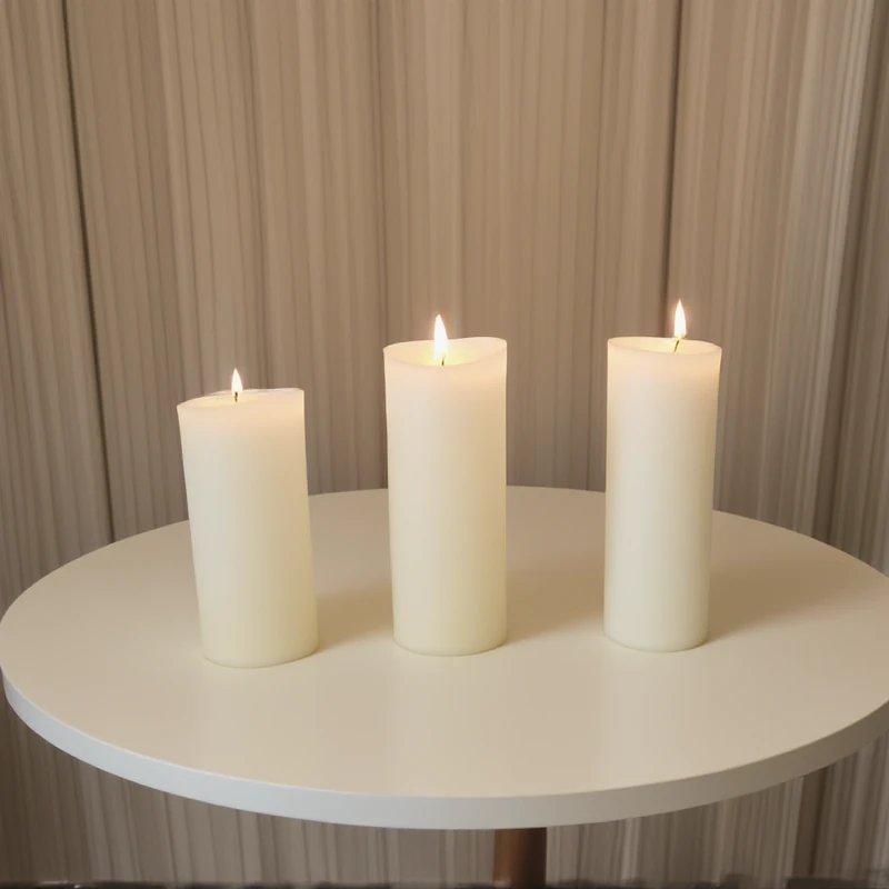 Image A: three white candles on a round table.