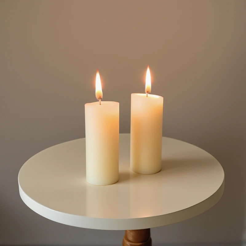 Image B: two white candles on a round table.