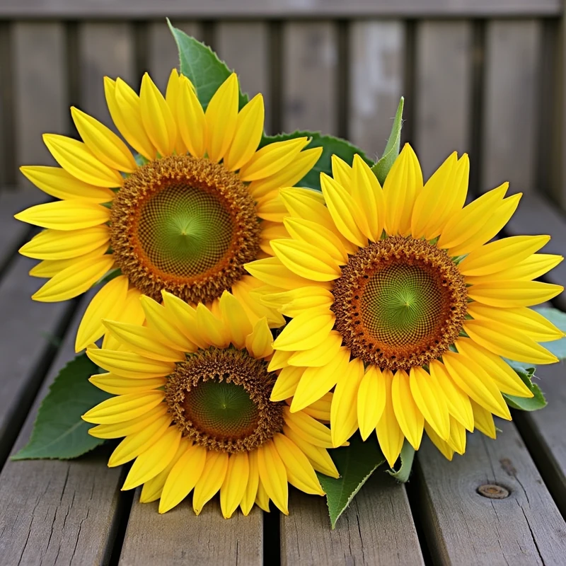 Image A: three sunflowers form a cluster on a bench.