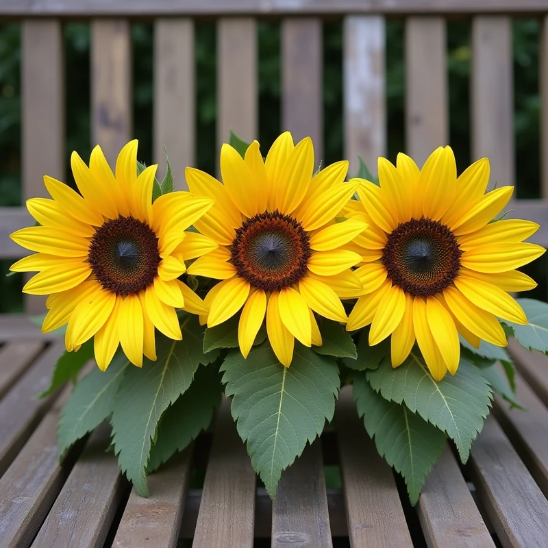 Image B: three sunflowers arranged in one row on a bench.