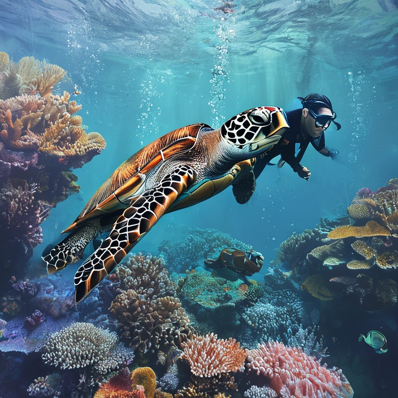 Image A: the turtle is to the viewer's left of the diver.