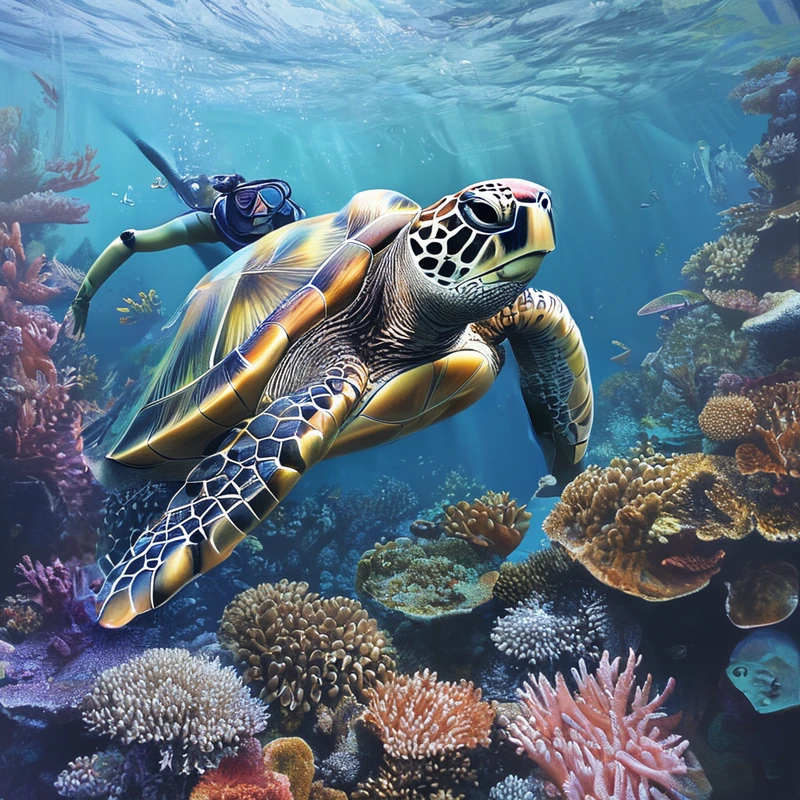 Image B: the turtle is to the viewer's right of the diver.